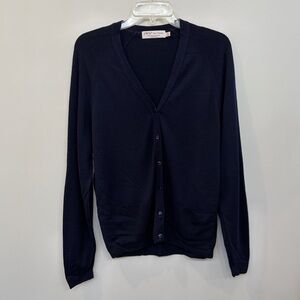 EWM Pure Classics Washable Lambswool Navy Cardigan Sweater Women's Size M V-neck